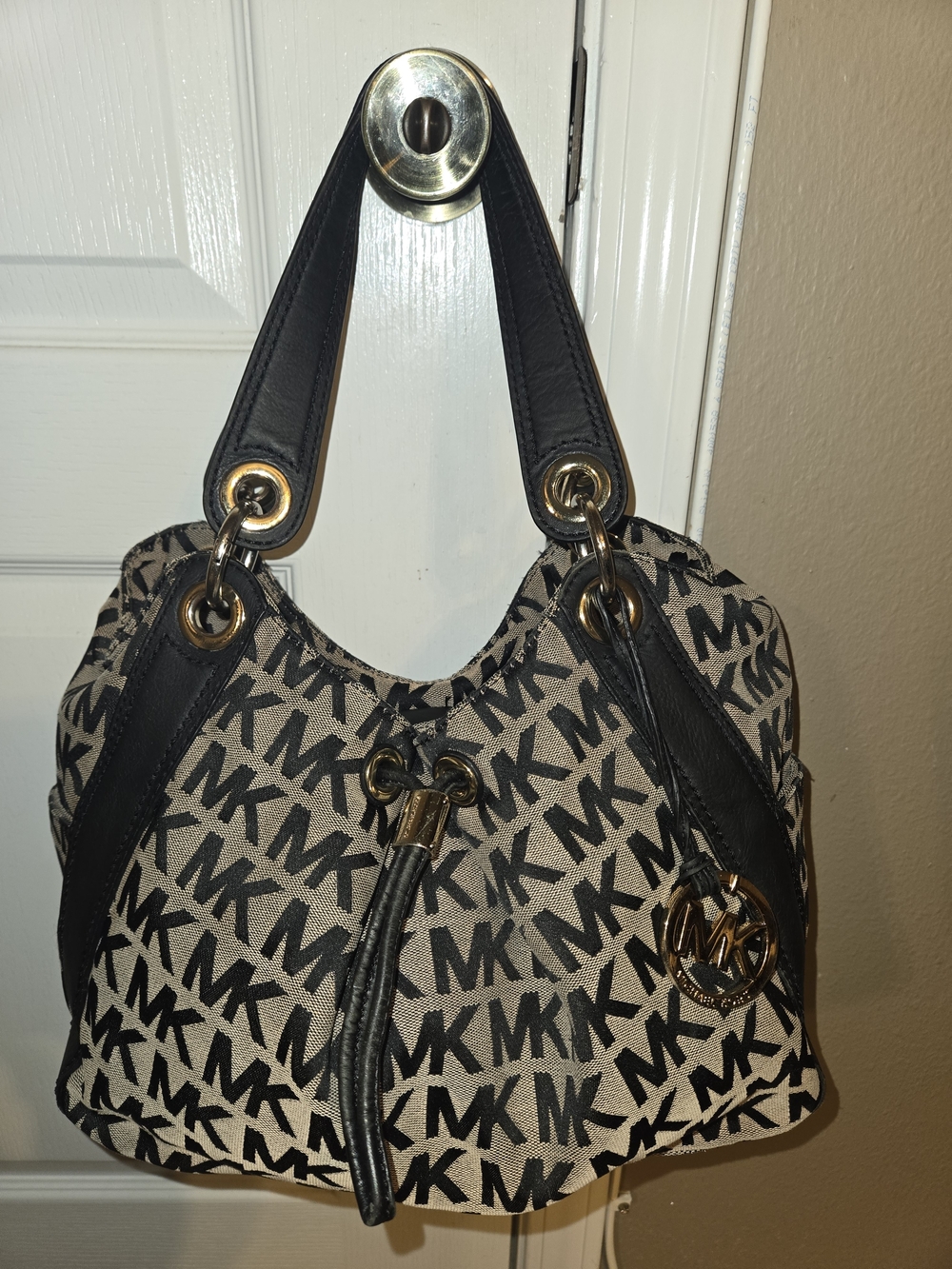 Michael Michael Kors MK Logo Canvas Drawstring Shoulder Bag Black Leather Trim